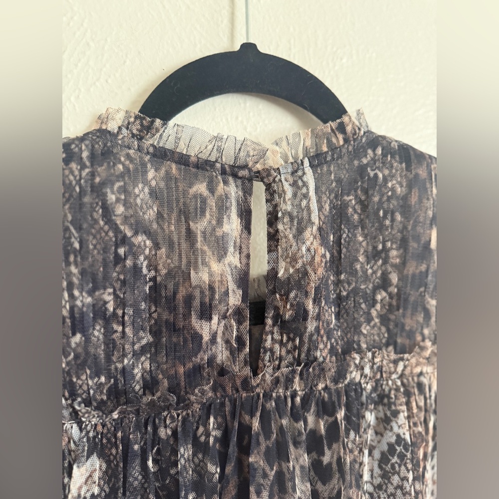 All Saints Perri Noche Animal Print Cap Sleeve Ruffle Mesh Minidress XL *flawed* - Picture 9 of 11